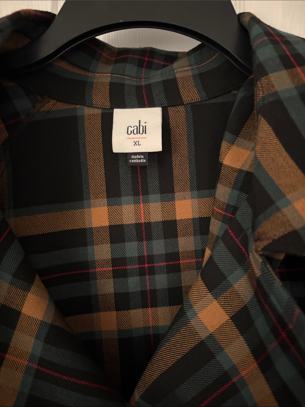 CAbi Black Plaid Jean Jacket with Gold and Dark Green Stripes - Picture 2 of 3